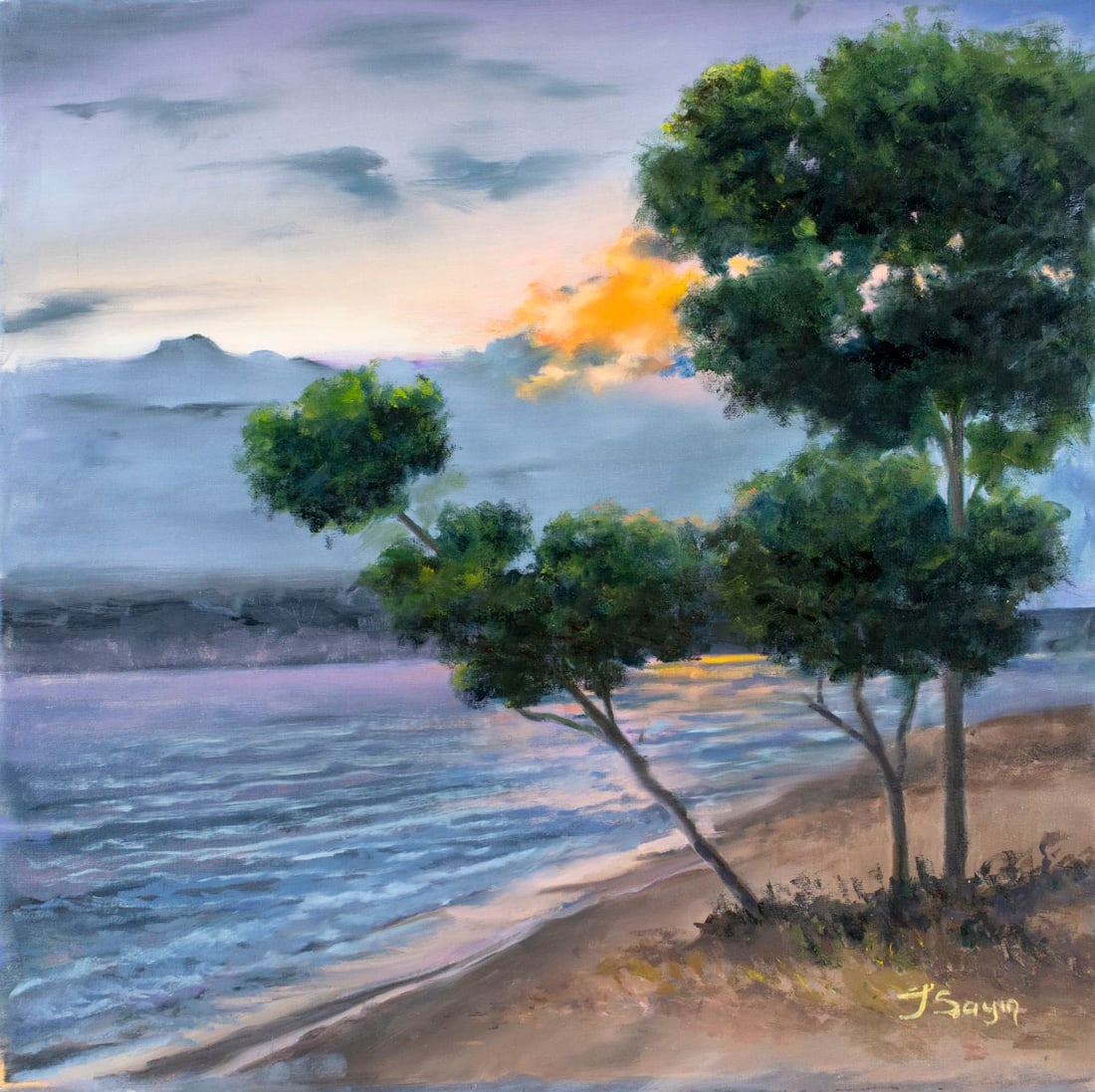 Ilhan Sayin (Turkey,20/21C) oil painting: ARTIST: Ilhan Sayin (Turkish, 20/21 centuries) TITLE: Landscape - Pink and Blue (titled on stretcher) MEDIUM: oil on canvas CONDITION: Overall good. No visible inpaint under