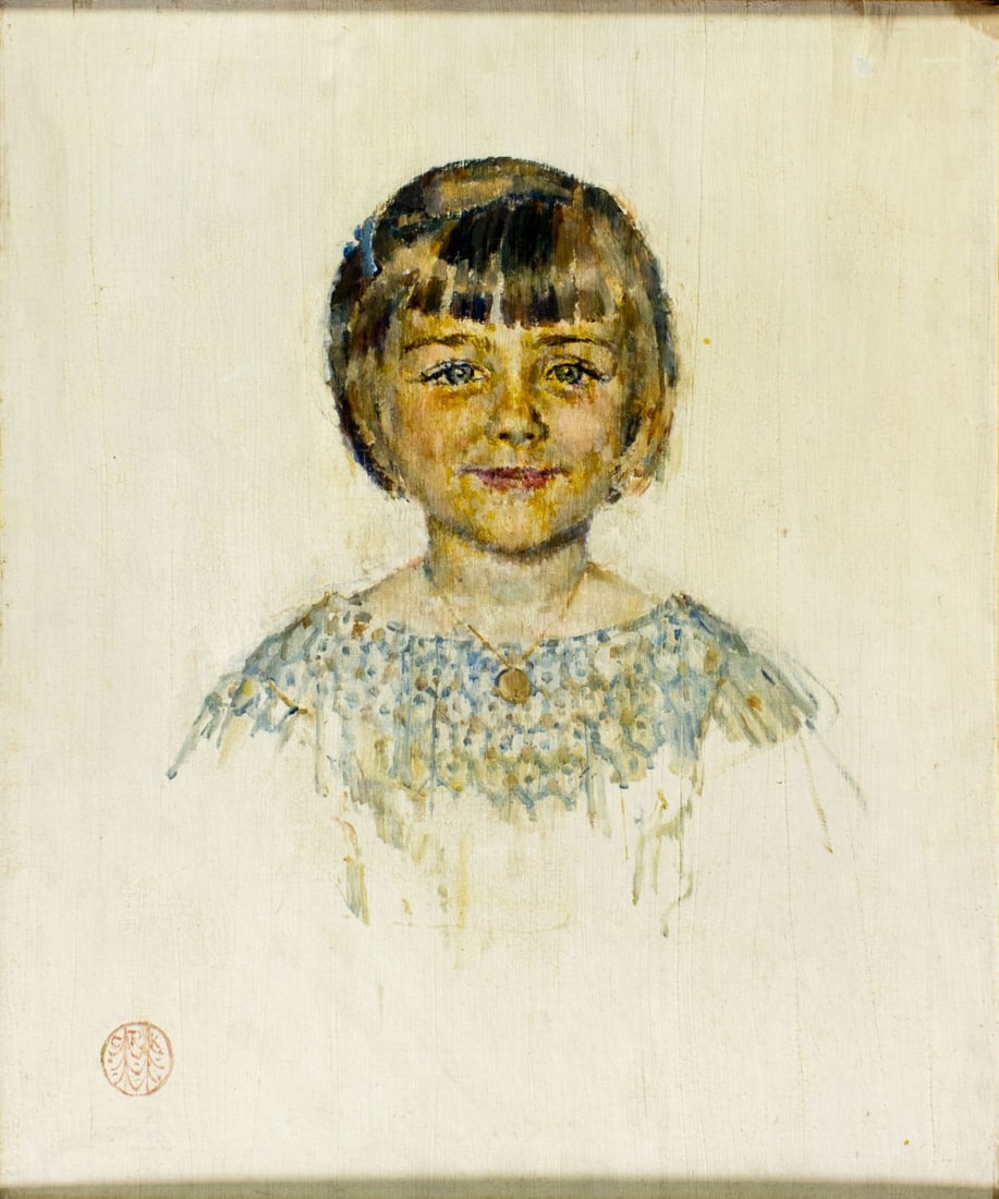 Catherine Richardson Kane (US,mid 20C) oil painting: ARTIST: Catherine Richardson Kane (American, mid 20 century) TITLE: Portrait of Girl - Anoinette Lyon Newton, 4 years (titled on verso) YEAR: 1951 MEDIUM: oil on canvas boar