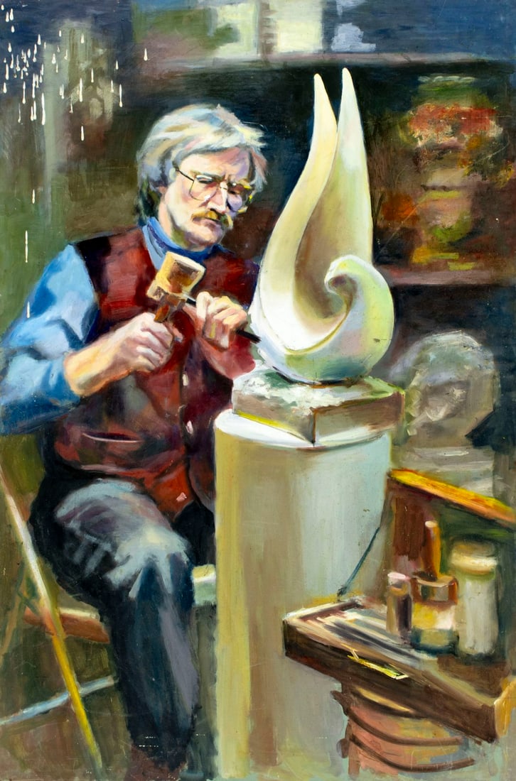 John Reilly (NY,NJ,1942-2021) oil painting: ARTIST: John Reilly (New York, New Jersey, 1942 - 2021) TITLE: Sculptor at Work MEDIUM: oil on board CONDITION: Minor damages to corners. Two nail holes by the upper edge.