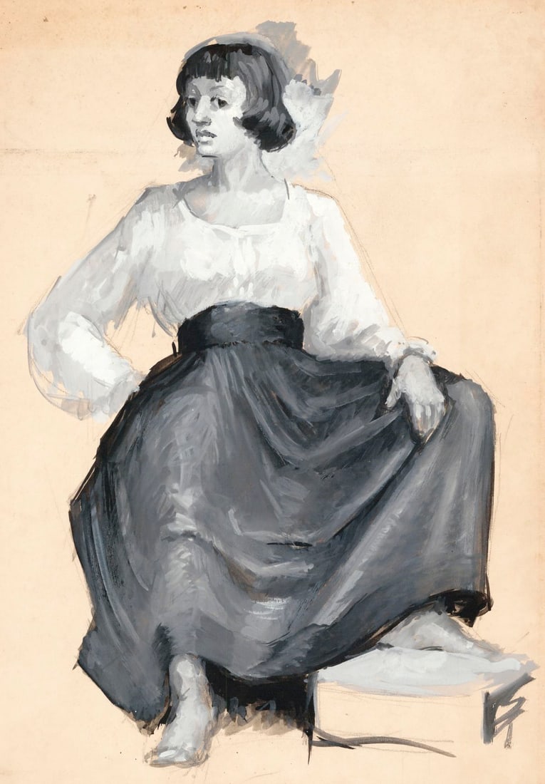 Charles Yeiser (NY,1925-2005) gouache painting: ARTIST: Charles Yeiser (New York, 1925 - 2005) TITLE: Seated Woman MEDIUM: gouache on board CONDITION: Minor damages to corners. Minor foxing. Some age toning.