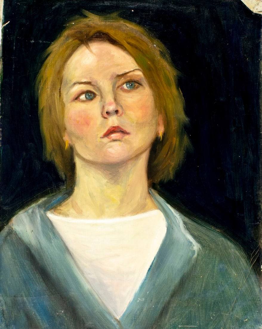 Charles Bohannah (NY,1910-1985) oil painting: ARTIST: Charles F Bohannah (New York, 1910 - 1985) TITLE: Portrait of Woman MEDIUM: oil on canvas CONDITION: Unstretched (In-House stretching available). Some small paint