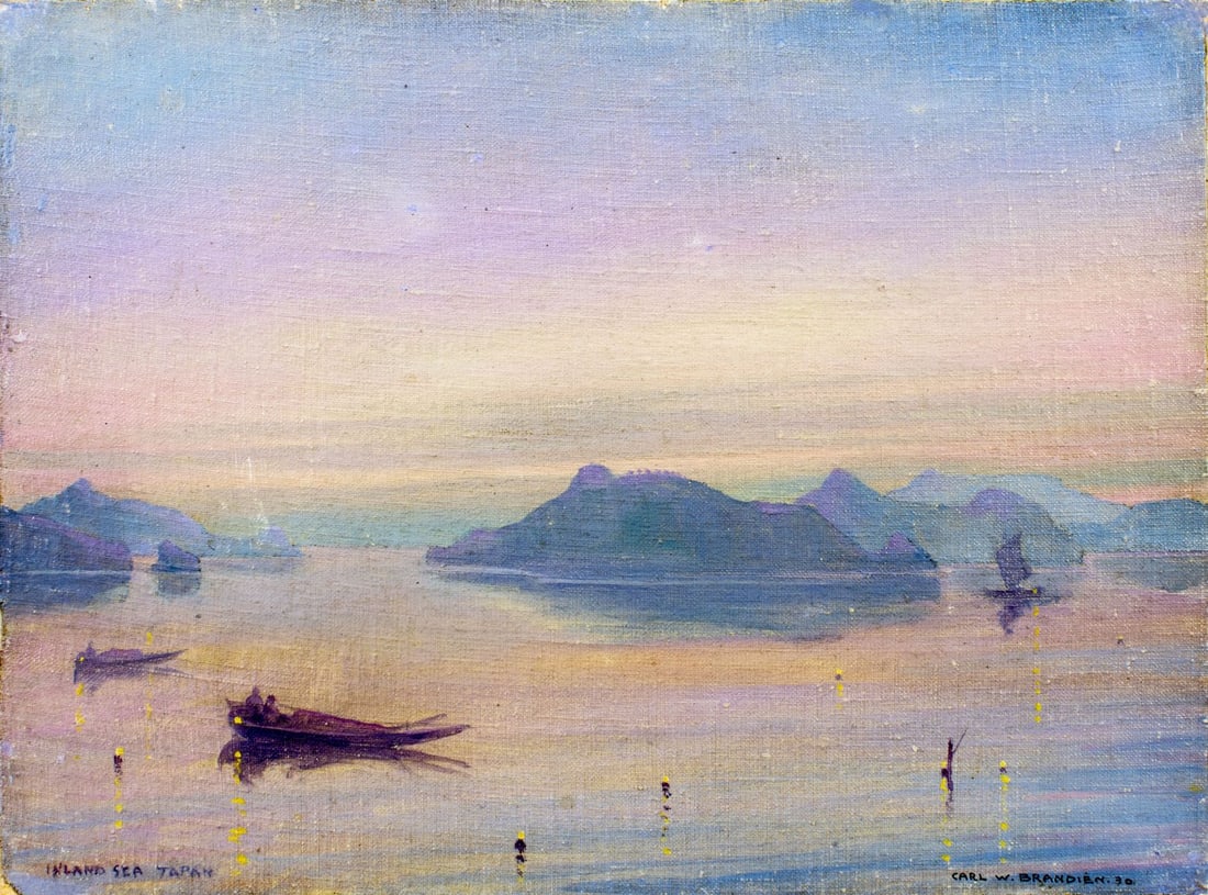 Carl Brandien (NY,1886-1965) oil painting antique: ARTIST: Carl William Brandien (New York, 1886 - 1965) TITLE: Inland Sea, Japan YEAR: 1930 MEDIUM: oil on canvas. Canvas applied to board. CONDITION: Mi