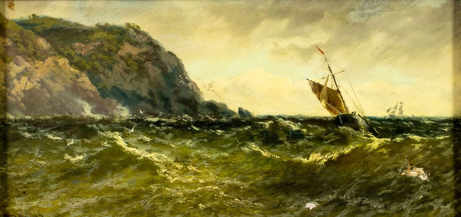 Thomas Rose Miles (UK,1844-1916) oil painting antique: ARTIST: Thomas Rose Miles (United Kingdom, 1844 - 1916) TITLE: Stormy Seascape with Sailboat MEDIUM: oil on canvas CONDITION: One small patch. Some paint losses (see pictu