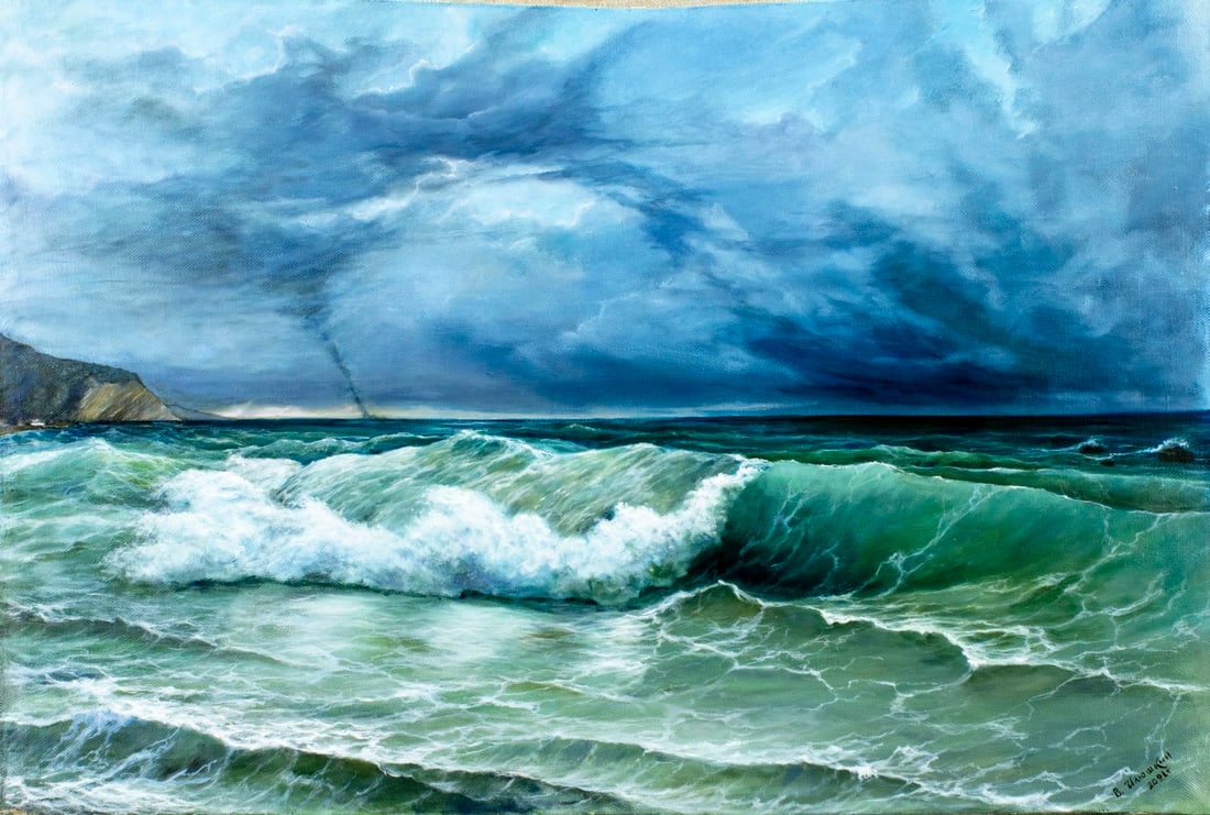 Viktor Ilyushkin (Russia,b 1946) oil painting: ARTIST: Viktor Nikolayevich Ilyushkin (Russian, born 1946) TITLE: Seascape - Tornado Has Gone (titled on verso) YEAR: 2021 MEDIUM: oil on canvas CONDITION: