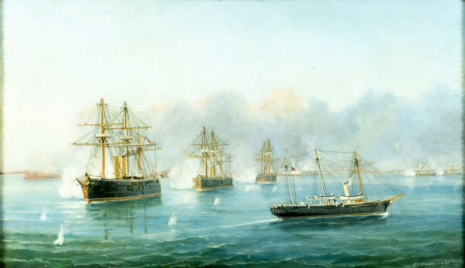 Tommaso De Simone (Italy,1805-1888) oil painting antique: ARTIST: Tomaso De Simone (Italian, c. 1805 - 1888) TITLE: Ships - The Bombardment of Alexandria, Egypt YEAR: 1883 MEDIUM: oil on canvas CONDITION: Reli