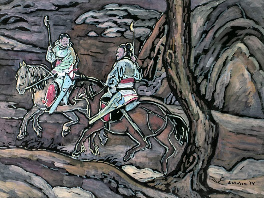 Evelyn Metzger (NY,Brazil,1911-2007) oil painting: ARTIST: Evelyn Borchard Metzger (New York, Brazilian, 1911 - 2007) TITLE: Asian Horse Riders YEAR: 1994 MEDIUM: oil on board CONDITION: Some faint scra