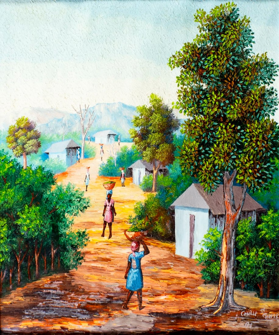 Camille Saint Charles (Haiti,1947-2003) oil painting: ARTIST: Camille Saint Charles (Haitian, 1947 - 2003) TITLE: Haitian Village Landscape YEAR: 1991 MEDIUM: oil on canvas CONDITION: Overall good. No visi