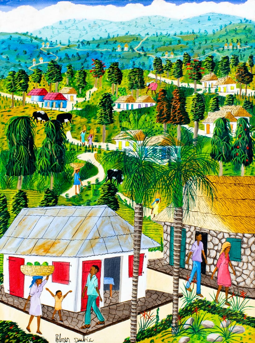 Abner Dubic (Haiti,1944-?) oil painting: ARTIST: Jean Abner Dubic (Haitian, 1944 - ???) TITLE: Haitian Village Landscape MEDIUM: oil on canvas CONDITION: Overall good. No visible inpaint under UV light.