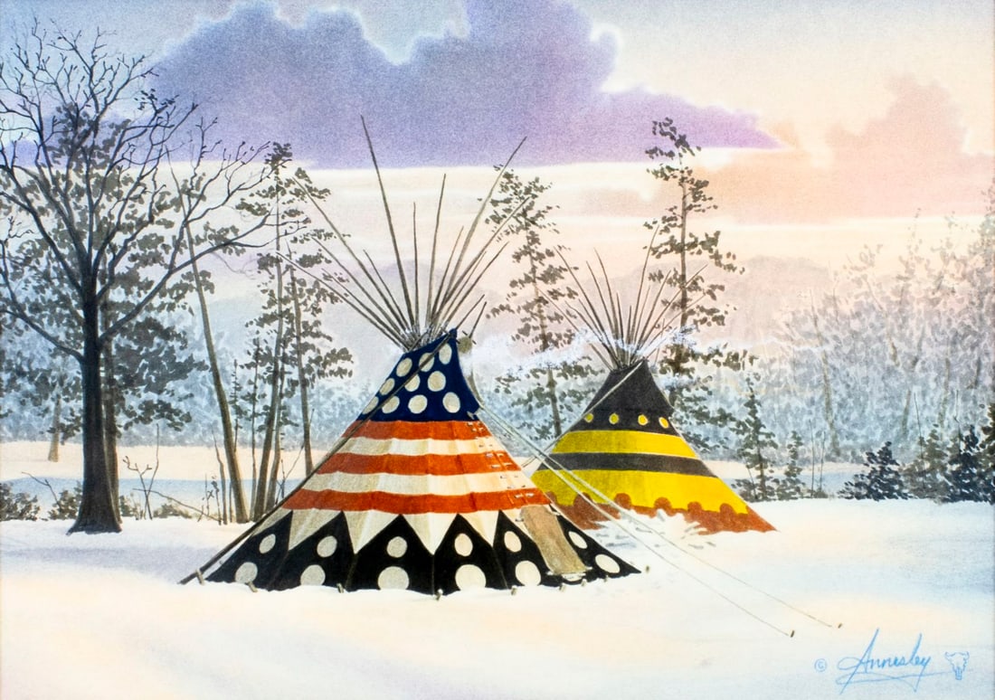 Robert Annesley (TX,OK,1943-2018) watercolor painting: ARTIST: Robert Annesley (Texas, Oklahoma, 1943 - 2018) TITLE: Winter Landscape with Teepees - Magic Morning (titled on label) MEDIUM: watercolor on paper CONDITION: Very g