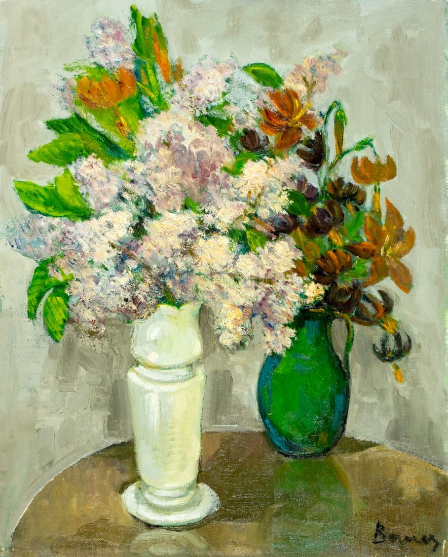 Albert Bela Bauer (Hungary,1899-1998) oil painting: ARTIST: Albert Bela Bauer (Hungarian, 1899 - 1998) TITLE: Still Life with Vases of Flowers MEDIUM: oil on canvas board CONDITION: Few pinholes along edges. Few very minor