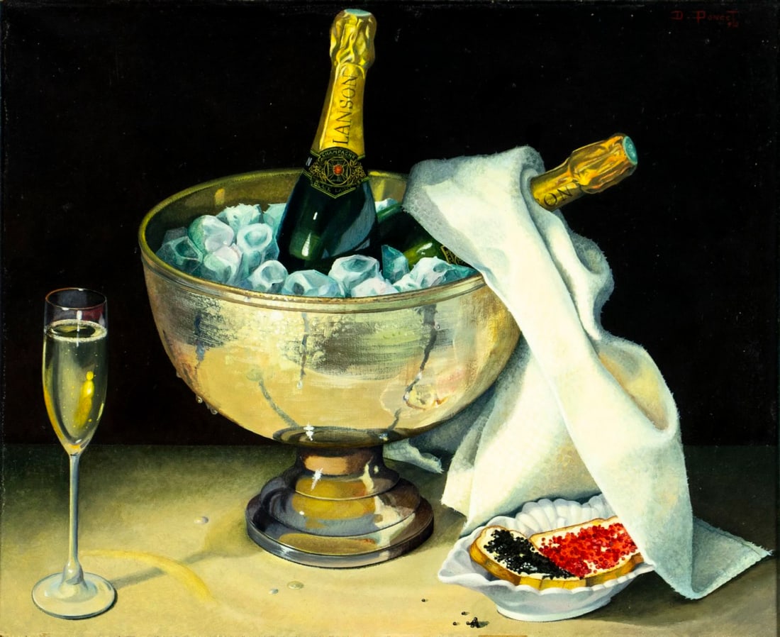 Dan Poncet (France,b 1953) oil painting: ARTIST: Dan Poncet (French, born 1953) TITLE: Still Life with Champagne and Caviar YEAR: 1990 MEDIUM: oil on canvas CONDITION: Some paint losses mostly a