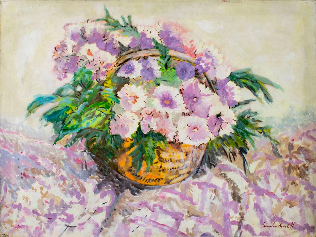 Dimiter Hristoff (Turkey,Bulgaria,1926-?) oil painting: ARTIST: Dimiter Hristoff (Turkish, Bulgarian, 1926 - ???) NAME: Still Life with Basket of Flowers MEDIUM: oil on canvas CONDITION: Very good. No visible inpaint under UV light. SIGHT SIZE