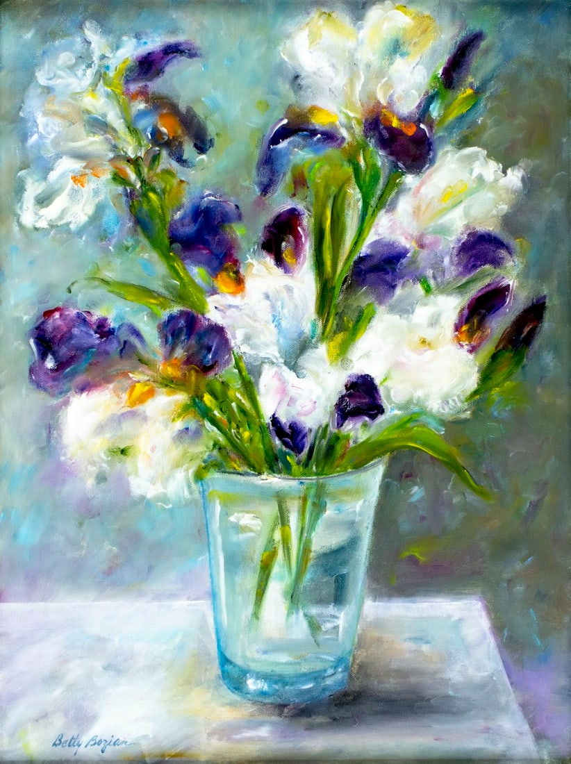 Betty Bozian (NJ,NY,1913-2005) oil painting: ARTIST: Betty Bozian (New Jersey, New York, 1913 - 2005) TITLE: Still Life with Vase of Irises MEDIUM: oil on canvas CONDITION: Overall good. No visible inpaint under UV l