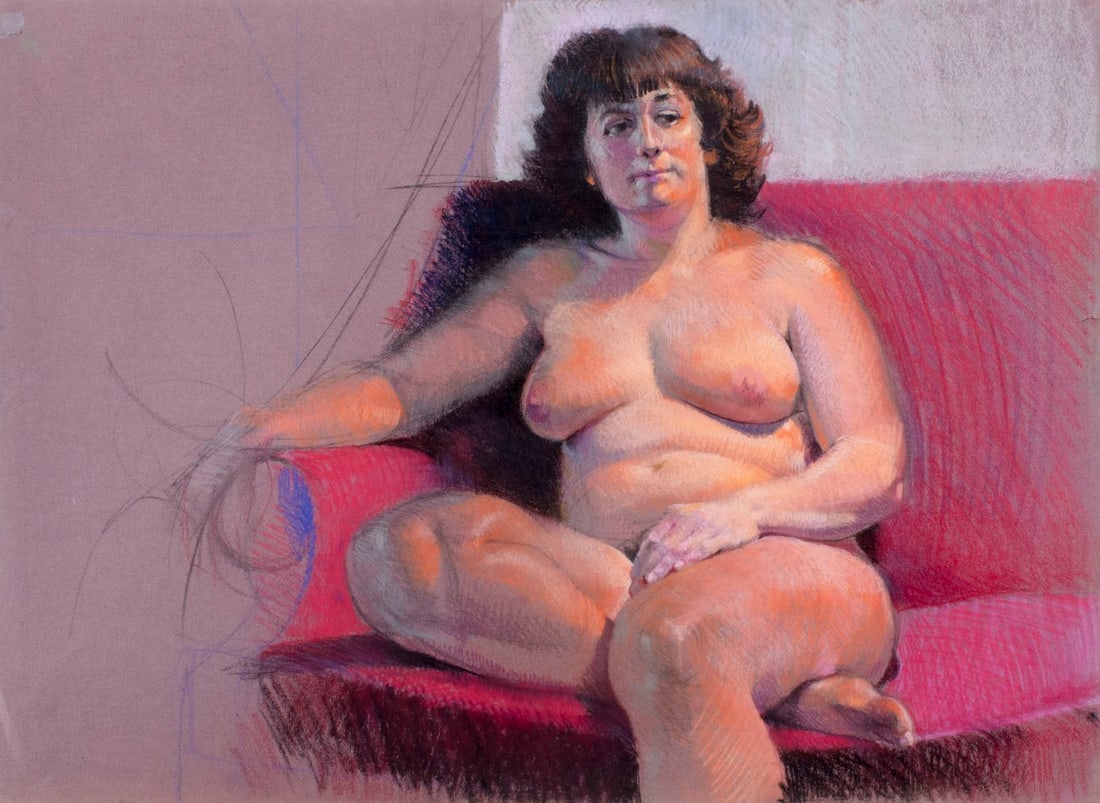 Karl Foster (PA,b 1933) pastel painting: ARTIST: Karl Foster (Pennsylvania, born 1933) TITLE: Seated Nude MEDIUM: pastel on heavy paper CONDITION: Two small tears to edges (1" long). ART SIZE: 2