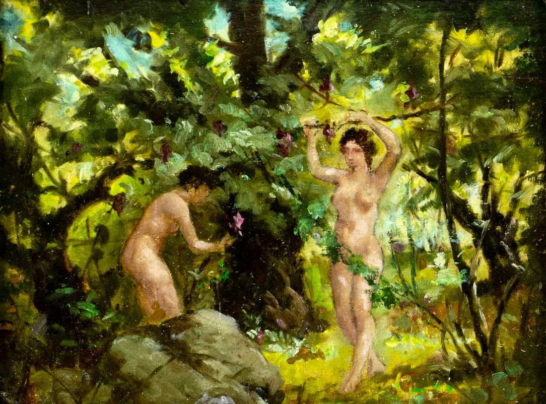 Antique early 20C American oil painting: ARTIST: - (American, early 20 century) TITLE: Nudes in Forest MEDIUM: oil on canvas board CONDITION: One small patch-repaired tear. Minor scratches/paint losses. Very min