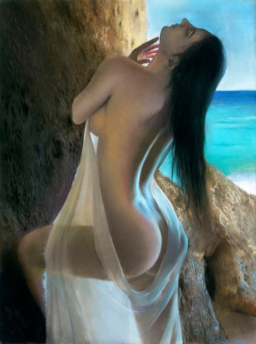 Anna Kintsler (Ukraine,b 2001) pastel painting: ARTIST: Anna Kintsler (Ukrainian, born 2001) TITLE: Nude MEDIUM: pastel on heavy paper CONDITION: Very good. ART SIZE: 16 x 12 inches / 40 x 30 cm