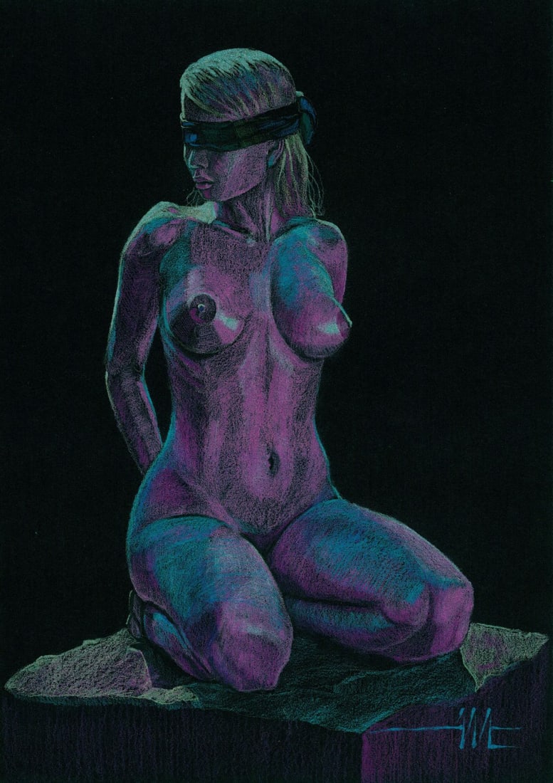 Aleksandr Matushkin (Ukraine,20/21C) colored pencil painting: ARTIST: Aleksandr Matushkin (Ukrainian, 20/21 centuries) TITLE: Kneeling Blindfolded Nude MEDIUM: colored pencil on heavy paper CONDITION: Very good. ART SIZE: