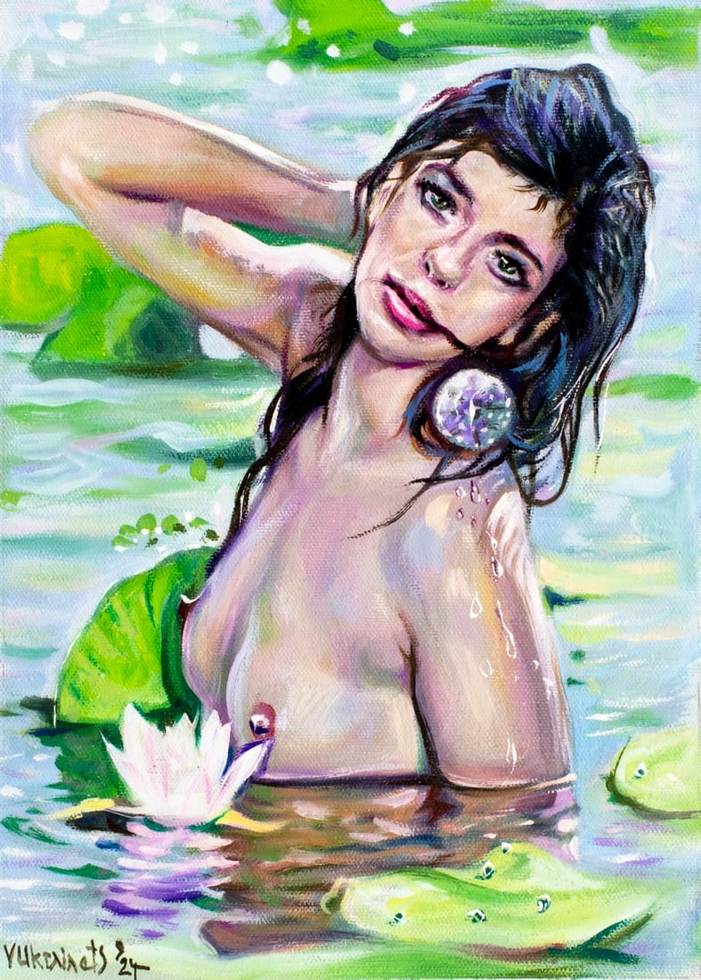 Valentin Ukrainets (Ukraine,b 1965) oil painting: ARTIST: Valentin Ukrainets (Ukrainian, born 1965) TITLE: Nude - Girl and Lotus (titled on verso) MEDIUM: oil on canvas CONDITION: Unstretched (In-House stretching available)