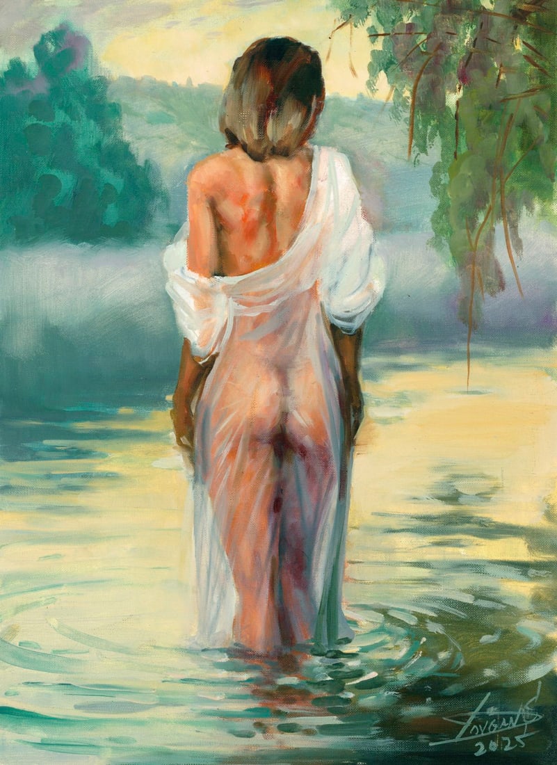 Sergey Dovgan (Ukraine,b 1976) oil painting: ARTIST: Sergey Dovgan (Ukrainian, born 1976) TITLE: Bathing Nude MEDIUM: oil on heavy paper CONDITION: Very good. No visible inpaint under UV light. ART SIZE:
