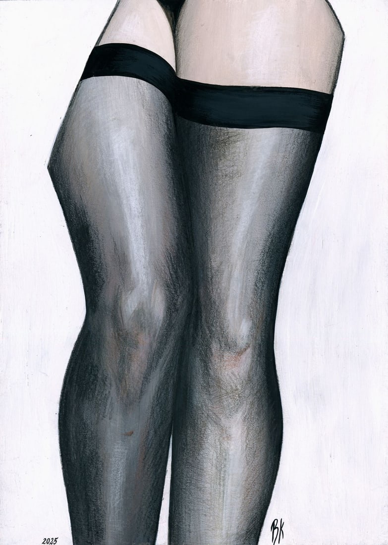 Kateryna Vitrenko (Ukraine,b 2003) mixed media painting: ARTIST: Kateryna Vitrenko (Ukrainian, born 2003) TITLE: Female Legs MEDIUM: mixed media on heavy paper CONDITION: Very good. ART SIZE: 12 x 8 inches / 30