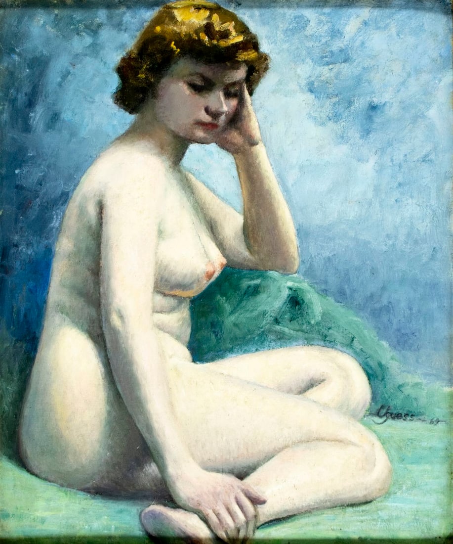 Uguess (US,mid 20C) oil painting: ARTIST: Uguess (American, mid 20 century) TITLE: Seated Nude YEAR: 1969 MEDIUM: oil on canvas board CONDITION: Some warping to board. Few minor paint los