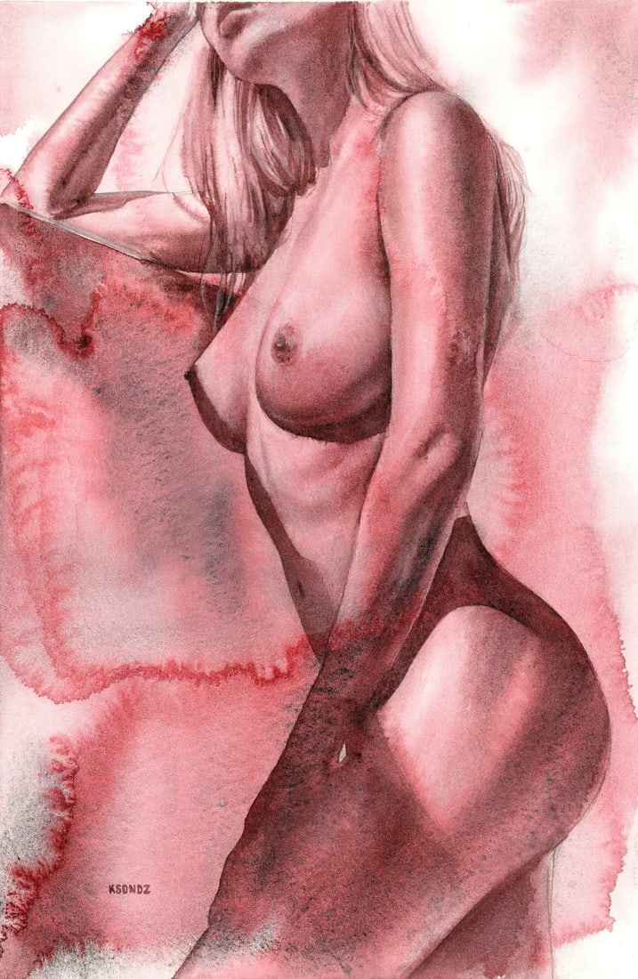 Veronika Ksondz (Ukraine,b 1997) watercolor painting: ARTIST: Veronika Ksondz (Ukrainian, born 1997) TITLE: Nude MEDIUM: watercolor on heavy paper CONDITION: Very good. ART SIZE: 12 x 8 inches / 30 x 20 cm