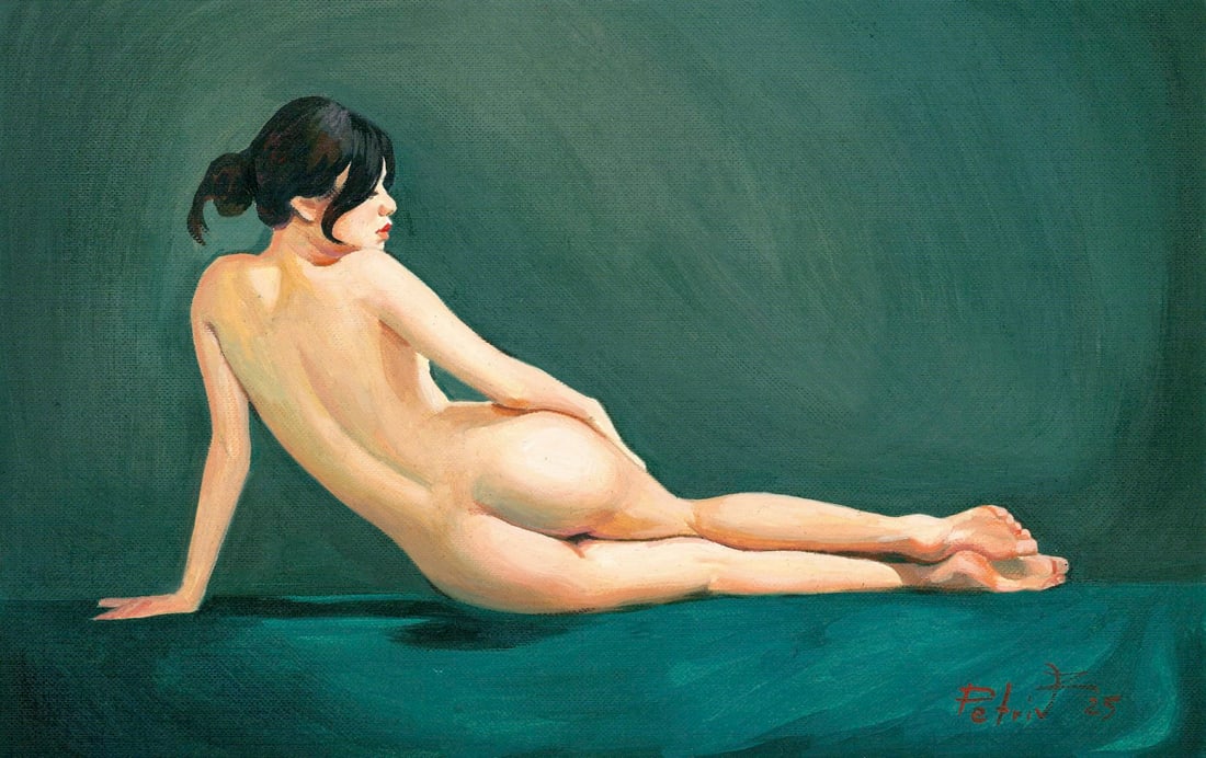 Zoriana Petriv (Ukraine,b 1994) oil painting: ARTIST: Zoriana Petriv (Ukrainian, born 1994) TITLE: Nude - Girl on a Dark Background (titled on verso) MEDIUM: oil on heavy paper CONDITION: Unstretched (In-House stretchin