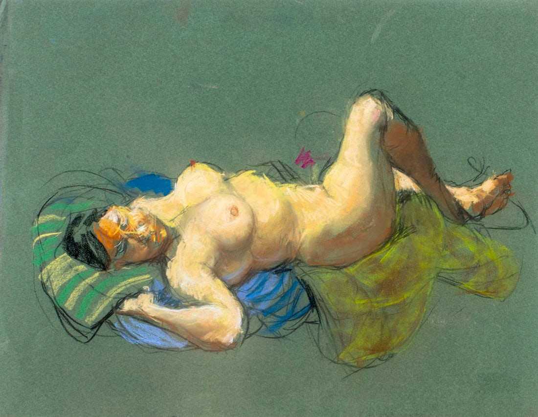 Karl Foster (PA,b 1933) pastel painting: ARTIST: Karl Foster (Pennsylvania, born 1933) TITLE: Nude MEDIUM: pastel on heavy paper CONDITION: Very good. ART SIZE: 20 x 26 inches / 50 x 66 cm