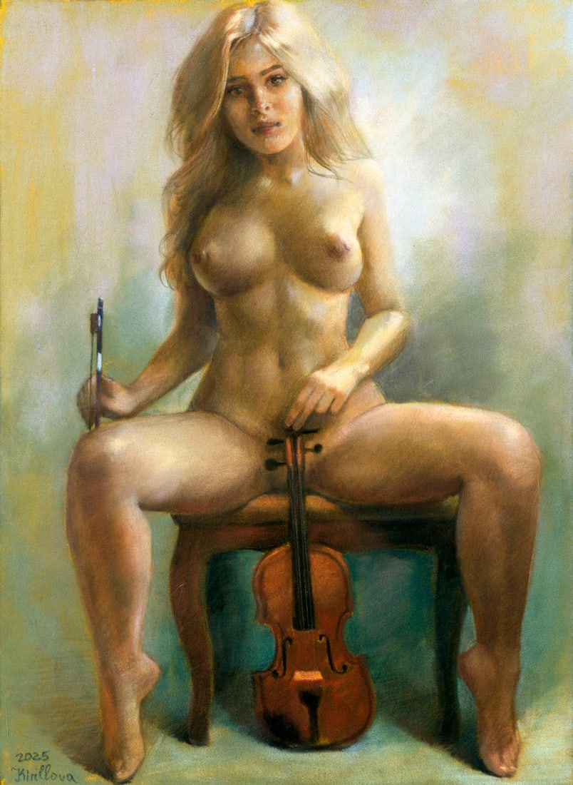 Julia Kirillova (Ukraine,b 1991) pastel painting: ARTIST: Julia Kirillova (Ukrainian, born 1991) TITLE: Nude with Violin MEDIUM: pastel on heavy paper CONDITION: Very good. ART SIZE: 12 x 8 inches / 30 x