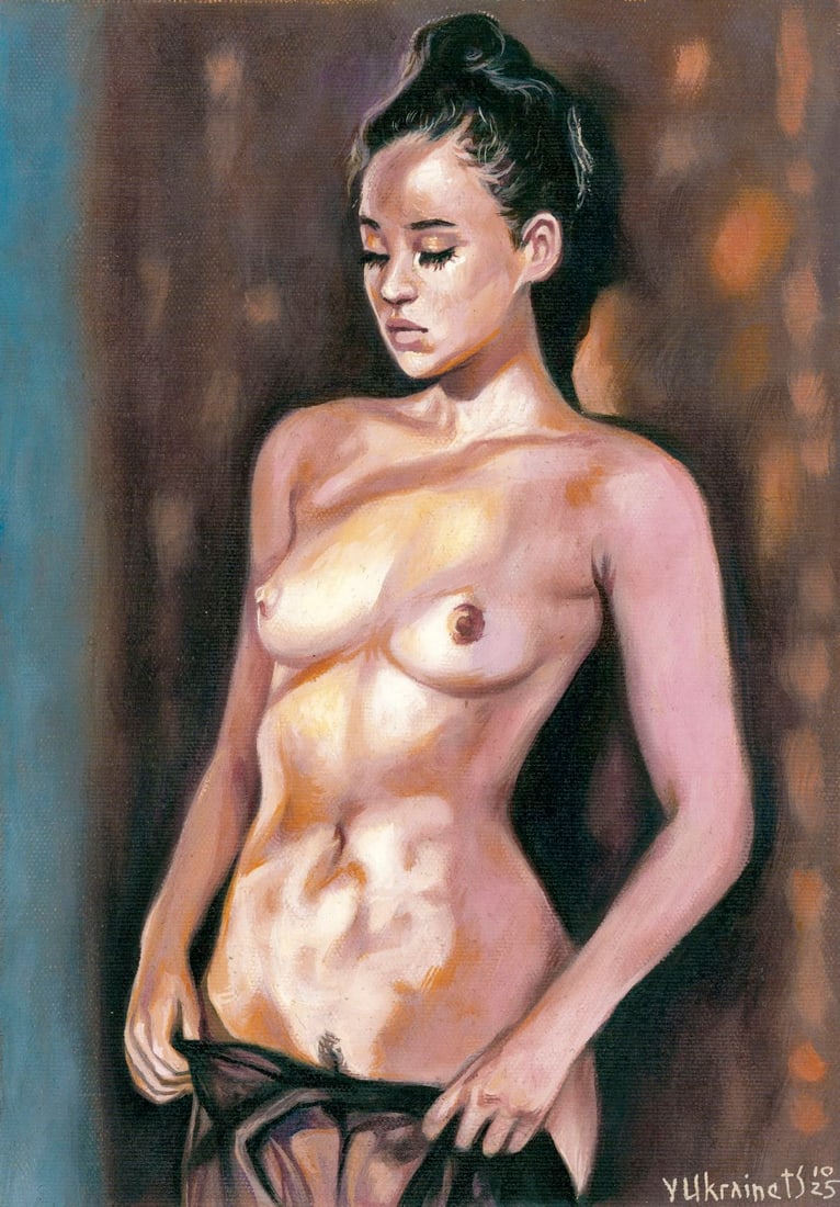 Valentin Ukrainets (Ukraine,b 1965) oil painting: ARTIST: Valentin Ukrainets (Ukrainian, born 1965) TITLE: Nude - Lady and Sunbeams (titled on verso) MEDIUM: oil on canvas CONDITION: Very good. No visible inpaint under UV l