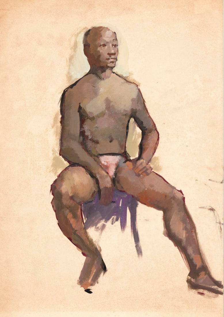 Charles Yeiser (NY,1925-2005) gouache painting: ARTIST: Charles Yeiser (New York, 1925 - 2005) TITLE: Seated Male Semi Nude MEDIUM: gouache on board CONDITION: Some small damages to corners. Some foxing. Some age toning