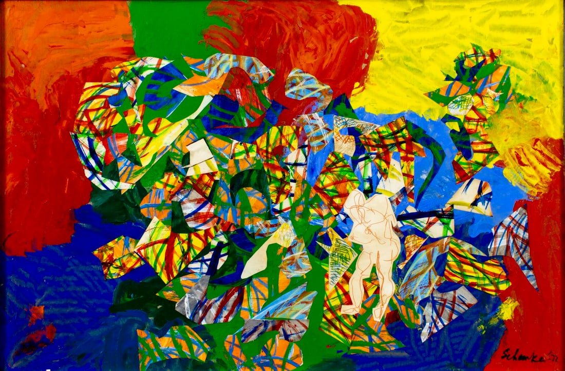 Louis Schanker (NY,CT,1903-1981) mixed media painting: ARTIST: Louis Schanker (New York, Connecticut, 1903 - 1981) TITLE: Abstract Composition YEAR: 1972 MEDIUM: mixed media on heavy paper CONDITION: Some f