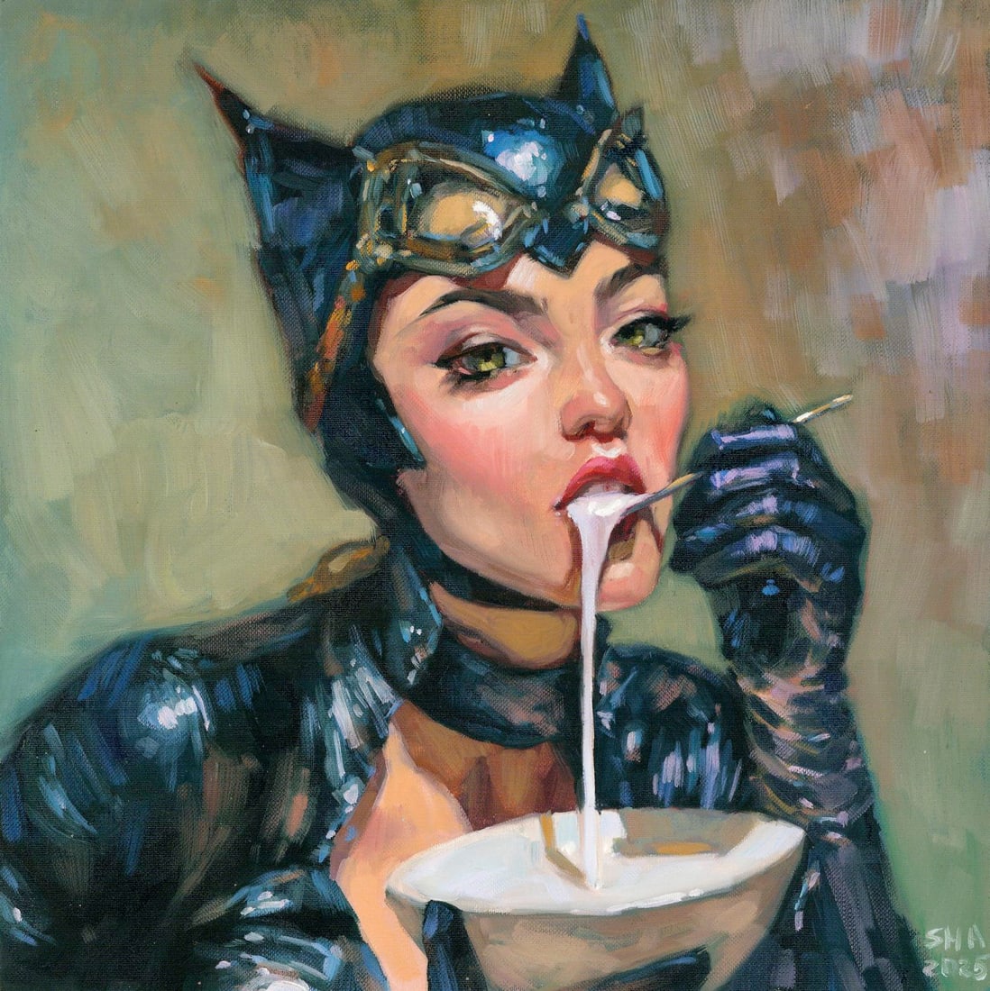 Anna Shariha (Ukraine,b 1998) oil painting: ARTIST: Anna Shariha (Ukrainian, born 1998) TITLE: Catwoman MEDIUM: oil on heavy paper CONDITION: Very good. No visible inpaint under UV light. ART SIZE: