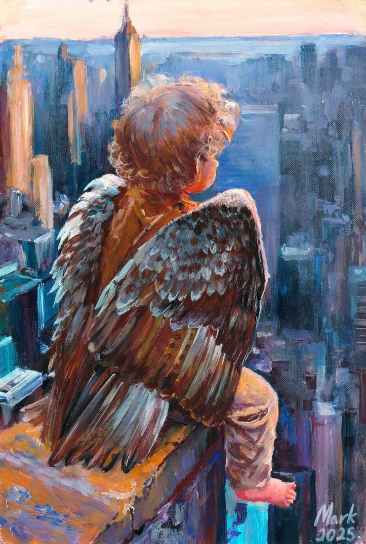 Mark Zybkin (Ukraine,20/21C) oil painting: ARTIST: Mark Zybkin (Ukrainian, 20/21 centuries) TITLE: Angel Boy on the Roof MEDIUM: oil on heavy paper CONDITION: Very good. No visible inpaint under UV light.