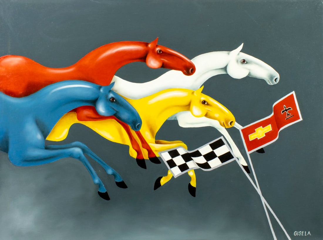 Gisela Pferdekamper (FL,German,20/21C) oil painting: ARTIST: Gisela Pferdekamper (Florida, Germany, 20/21 centuries) TITLE: Chevrolet Horsepower MEDIUM: oil on canvas CONDITION: Few minor scratches/paint losses. No visible inp