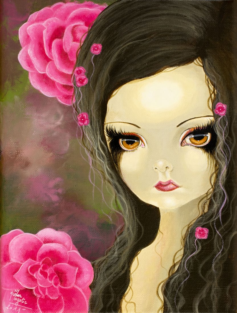 Contemporary American acrylic painting signed: ARTIST: - (American, 20/21 centuries) TITLE: Portrait of Girl with Roses YEAR: 2011 MEDIUM: acrylic on canvas CONDITION: Very good. No visible inpaint
