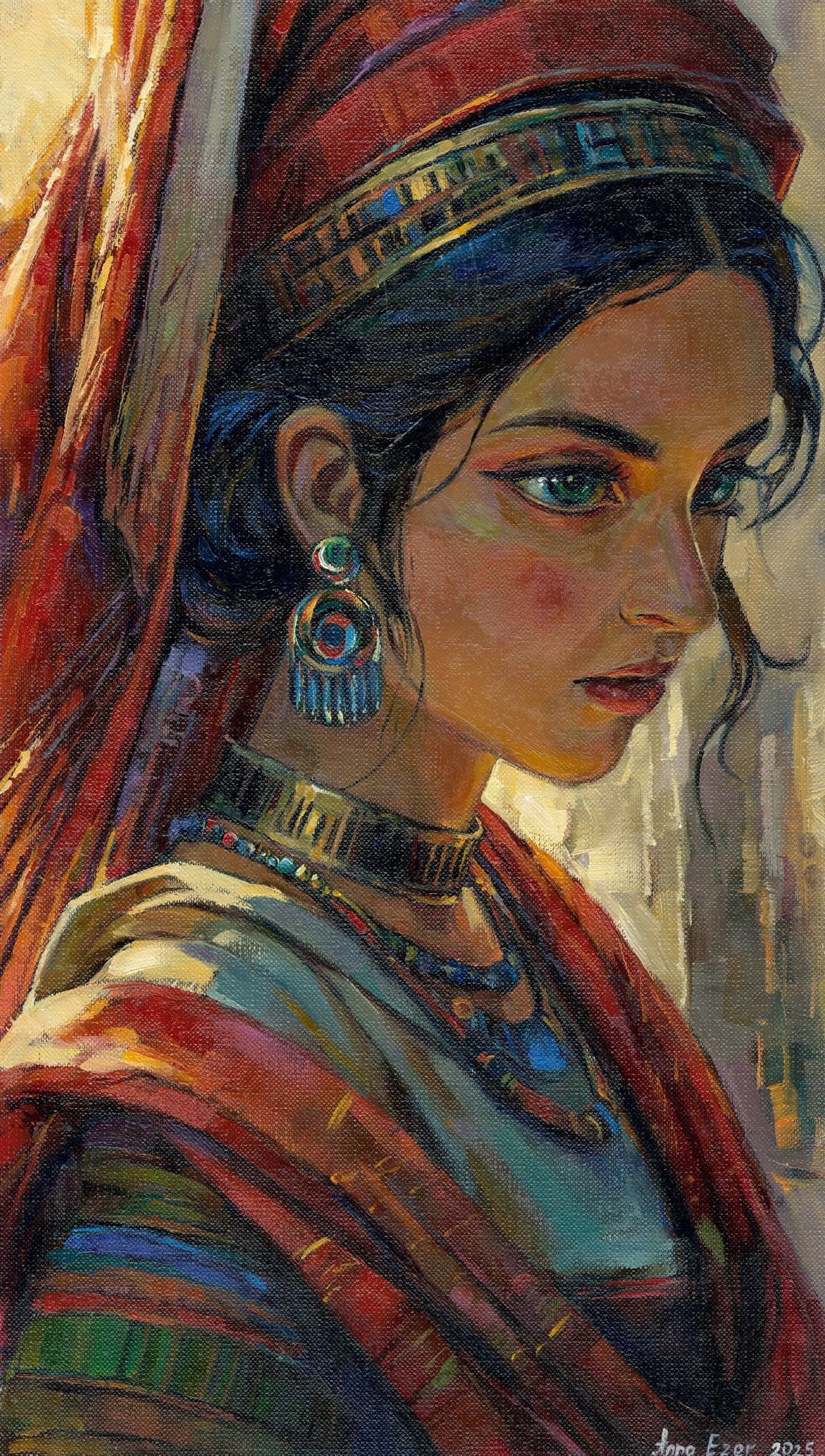 Anna Ezer (Ukraine,20/21C) oil painting: ARTIST: Anna Ezer (Ukrainian, 20/21 centuries) TITLE: Portrait of Woman MEDIUM: oil on heavy paper CONDITION: Very good. No visible inpaint under UV light. ART SI