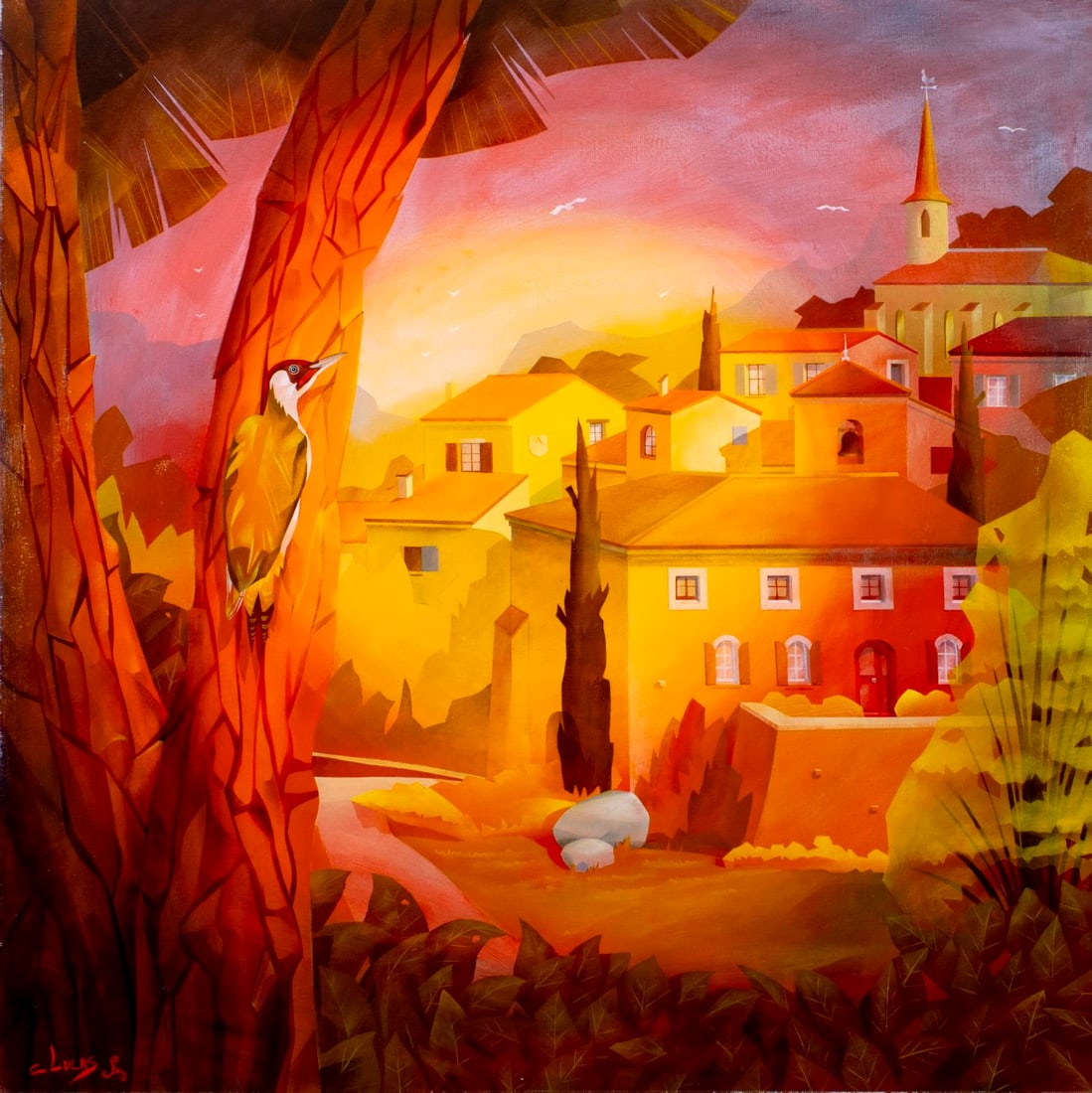 Cedric Lucas (France,b 1973) acrylic painting: ARTIST: Cedric Lucas (French, born 1973) TITLE: Do Not Disturb the Woodpecker MEDIUM: acrylic on canvas CONDITION: Very good. No visible inpaint under UV light. Normal wear