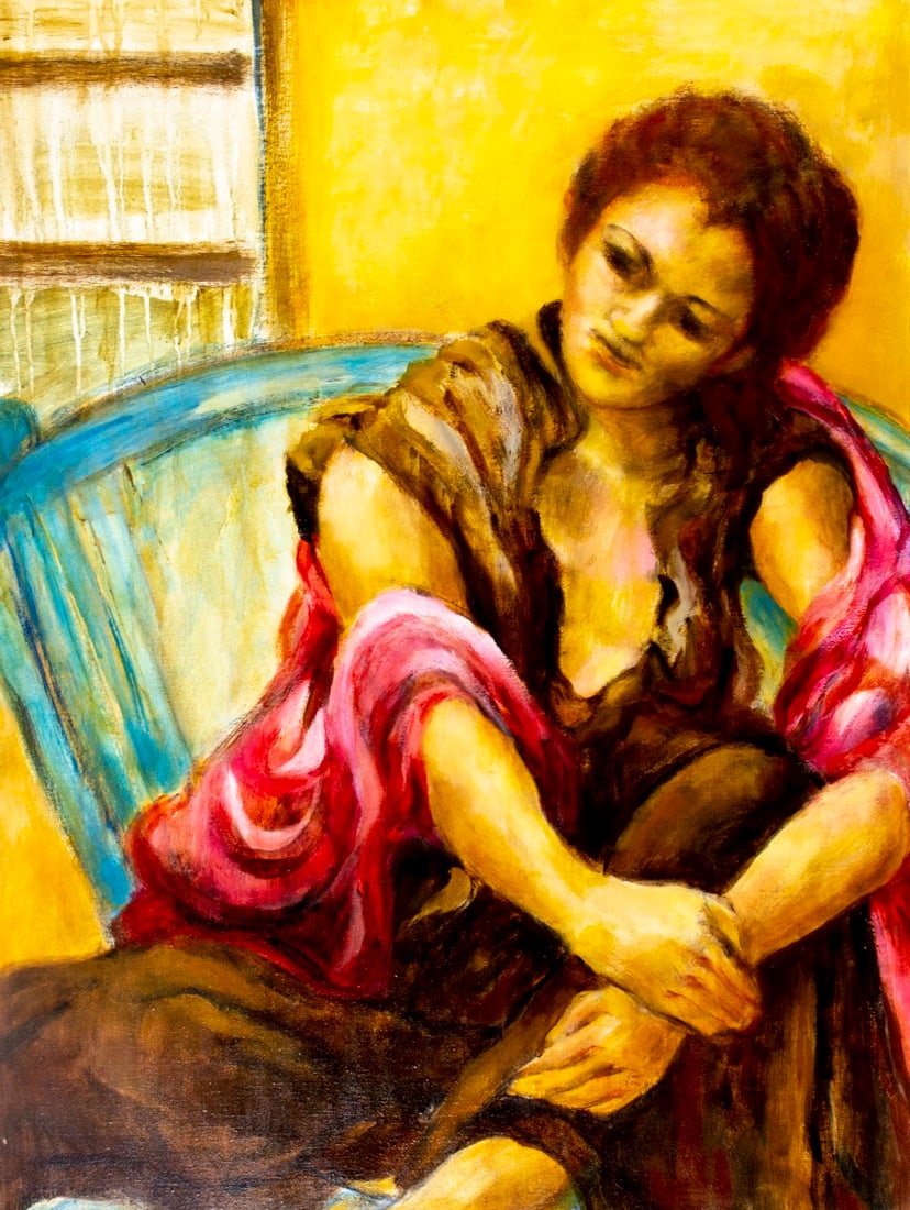 Thelma Thal (NY,1903-2001) oil painting: ARTIST: Thelma Thal (New York, 1903 - 2001) TITLE: Seated Woman MEDIUM: oil on canvas CONDITION: Few minor scratches/paint losses mostly along edges. No visible inpaint und