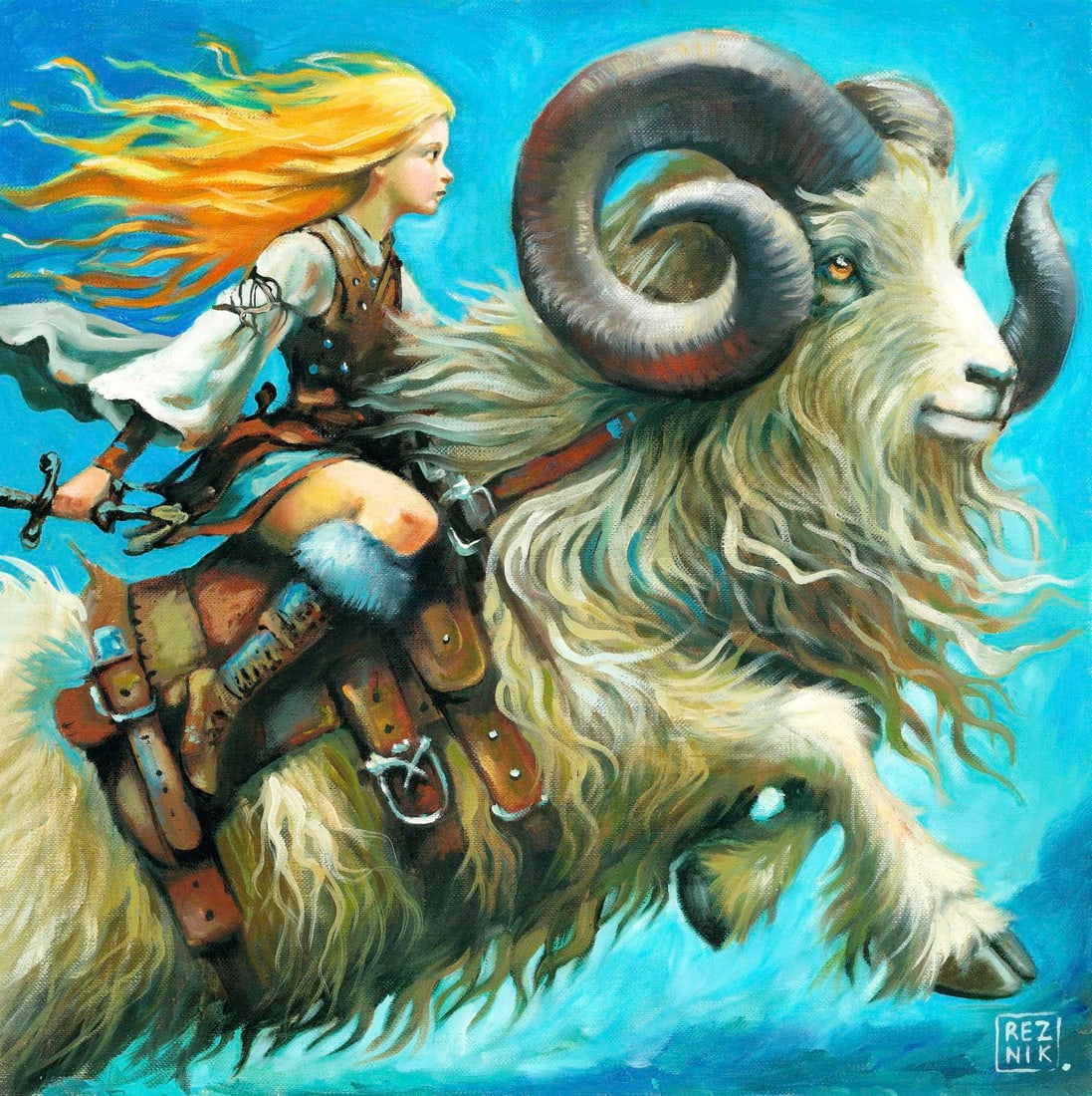 Yana Reznik (Ukraine,20/21C) oil painting: ARTIST: Yana Reznik (Ukrainian, 20/21 centuries) TITLE: Golden Fleece MEDIUM: oil on heavy paper CONDITION: Very good. No visible inpaint under UV light. ART SIZE