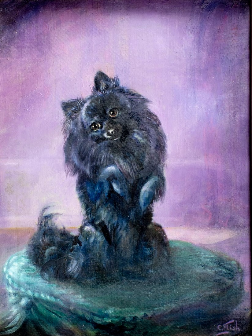 Charlotte Mish (OR,1903-1974) oil painting: ARTIST: Charlotte Roberta Mish (Oregon, 1903 - 1974) TITLE: Pomeranian Dog MEDIUM: oil on canvas. Canvas applied to board. CONDITION: Some damage to the lower right corner