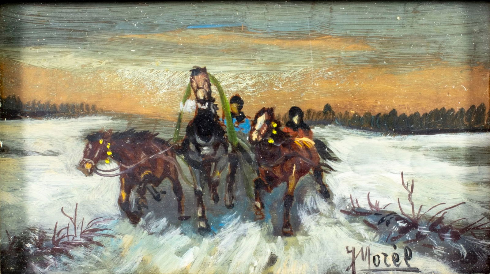Morel (Europe,early 20?) oil painting antique: ARTIST: Morel (European, early 20 century) TITLE: Troika Horses MEDIUM: oil on copper CONDITION: Few minor scratches/paint losses. No visible inpaint under UV light. Framed