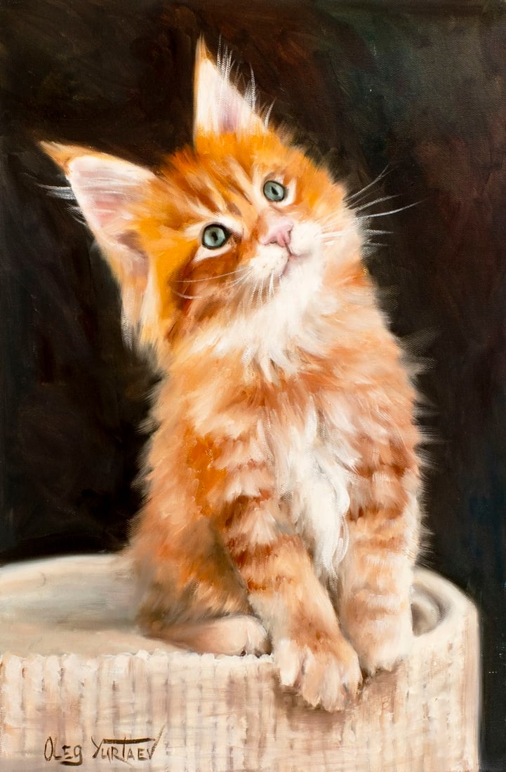Oleg Yurtaev (Russia,b 1981) oil painting: ARTIST: Oleg Yurtaev (Russian, born 1981) TITLE: Cat - Ginger Sun (titled on verso) MEDIUM: oil on canvas CONDITION: Unstretched (In-House stretching available). Very good.