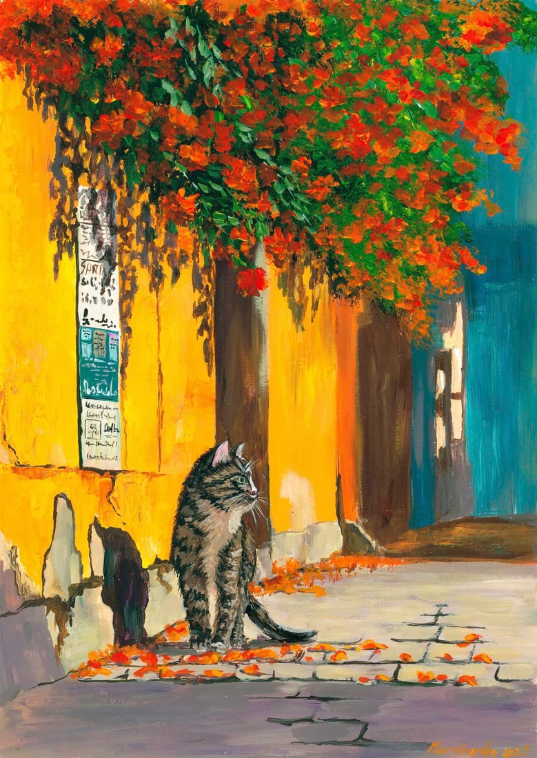 Katerina Kovalevska (Ukraine,20/21C) acrylic painting: ARTIST: Katerina Kovalevska (Ukrainian, 20/21 centuries) TITLE: Cat MEDIUM: acrylic on heavy paper CONDITION: Very good. No visible inpaint under UV light. ART SI