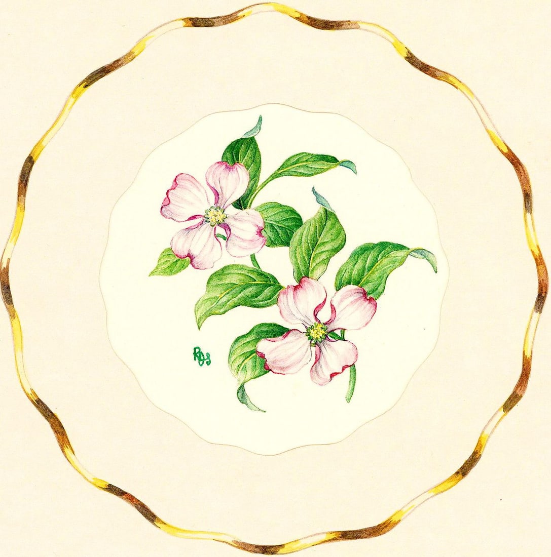 Rosanne Sanders (UK,20/21C) watercolor painting: ARTIST: Rosanne Sanders (United Kingdom, 20/21 centuries) TITLE: Flowers of Spring - Dogwood YEAR: 1980s MEDIUM: watercolor on paper. Paper applied to board. COND