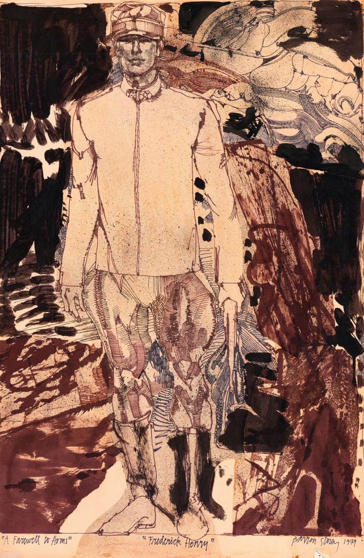 Barron Storey (CA,TX,1940-?) mixed media painting: ARTIST: Ross Barron Storey (California, Texas, 1940 - ???) TITLE: A Farewell to Arms - Frederick Henry YEAR: 1979 MEDIUM: mixed media on paper. Paper applied to board.