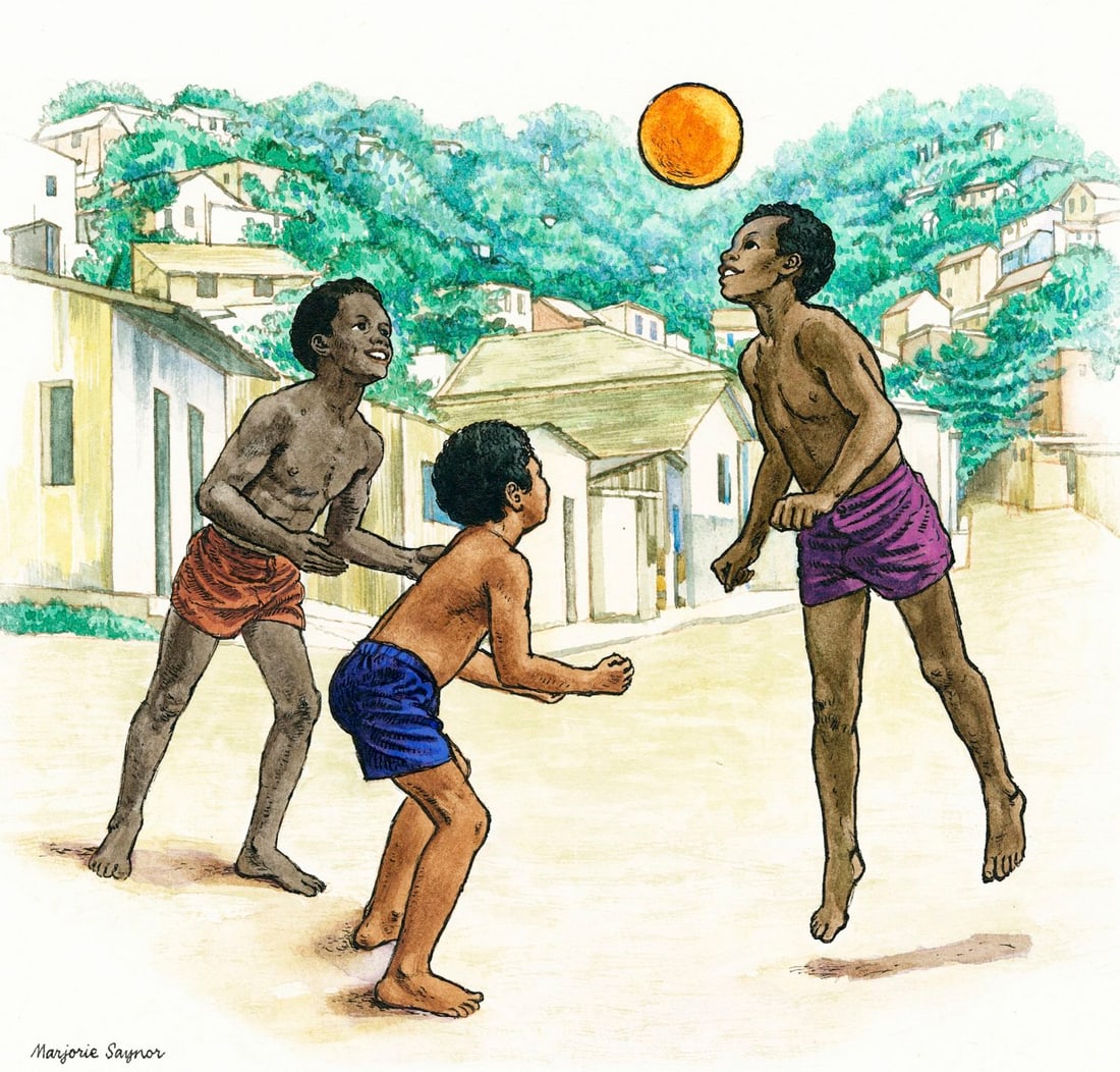 Marjorie Saynor (UK,1924-2012) watercolor painting: ARTIST: Marjorie Saynor (United Kingdom, 1924 - 2012) TITLE: Children Playing, Brazil YEAR: 1979 MEDIUM: watercolor on board CONDITION: Very good. <