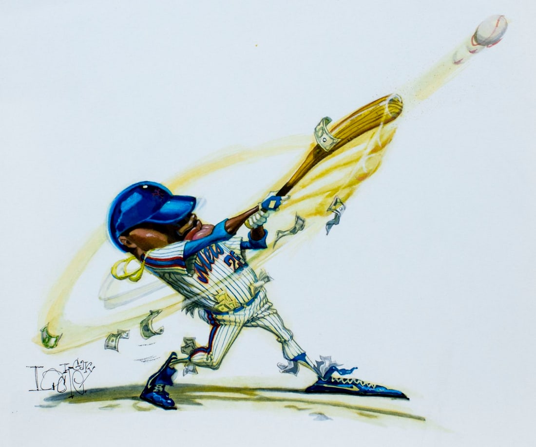 Gary Locke (MO,b 1963) gouache painting: ARTIST: Gary Locke (Missouri, born 1963) TITLE: Illustration - Mookie Wilson MEDIUM: gouache on paper CONDITION: Very good. ART SIZE: 8 x 9 inches / 20 x