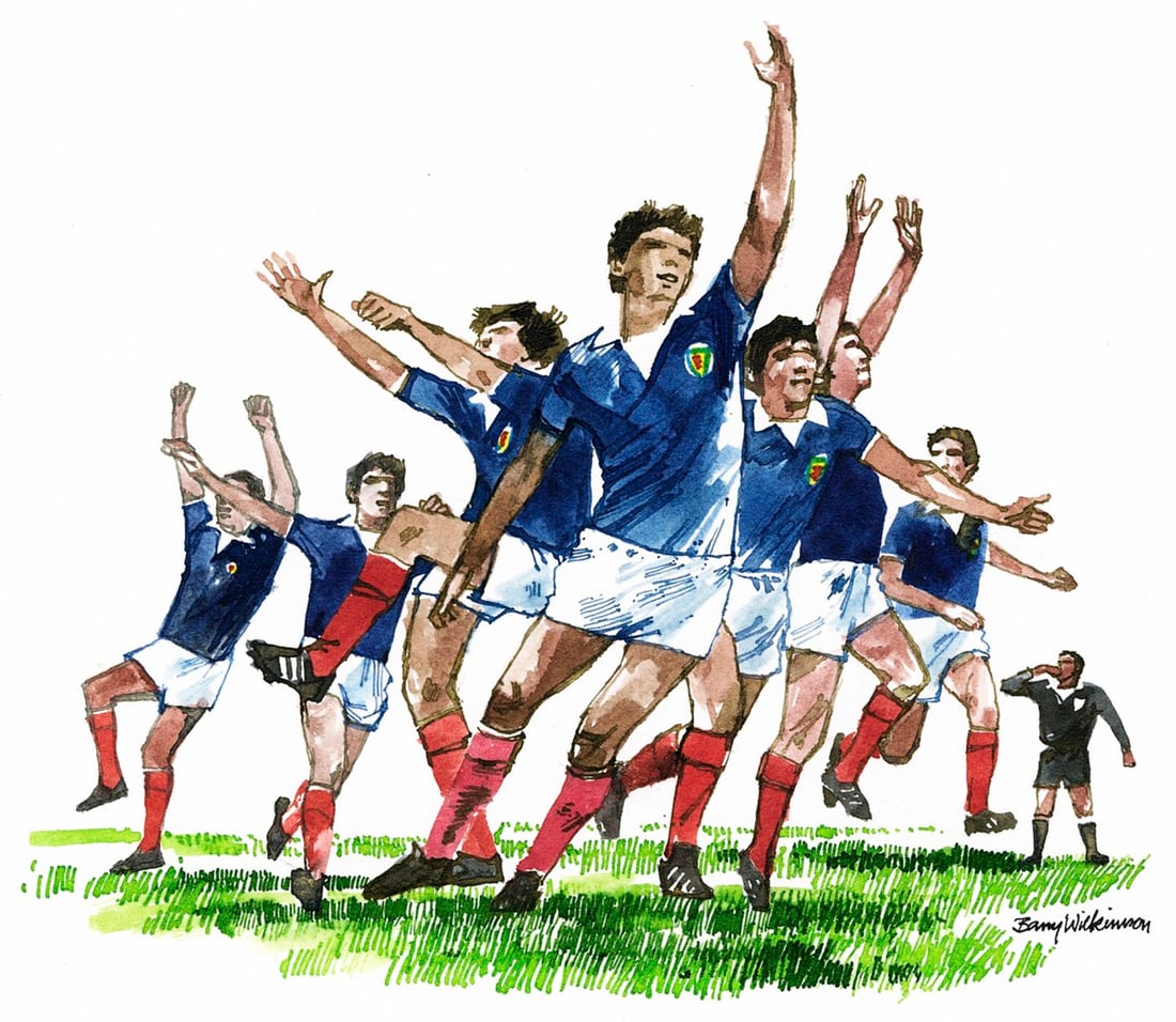 Barry Wilkinson (UK,1923-2007) watercolor painting: ARTIST: Barry Wilkinson (United Kingdom, 1923 - 2007) TITLE: Soccer Team YEAR: 1978 MEDIUM: watercolor on board CONDITION: Minor damages to corners.