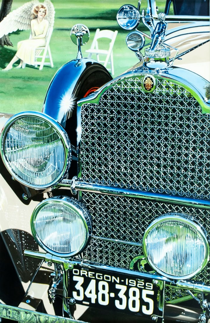 Nancy Graham (CA,IL,20/21C) watercolor painting: ARTIST: Nancy Graham (California, Illinois, 20/21 centuries) TITLE: Packard Roadster Car - Some Have Entertained Angels Unaware YEAR: 1995 MEDIUM: watercolor on paper